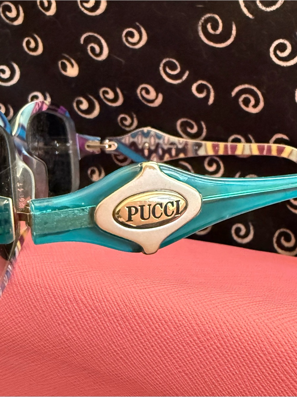 Vintage Emilio Pucci Sunglasses in Turquoise with designer print inside